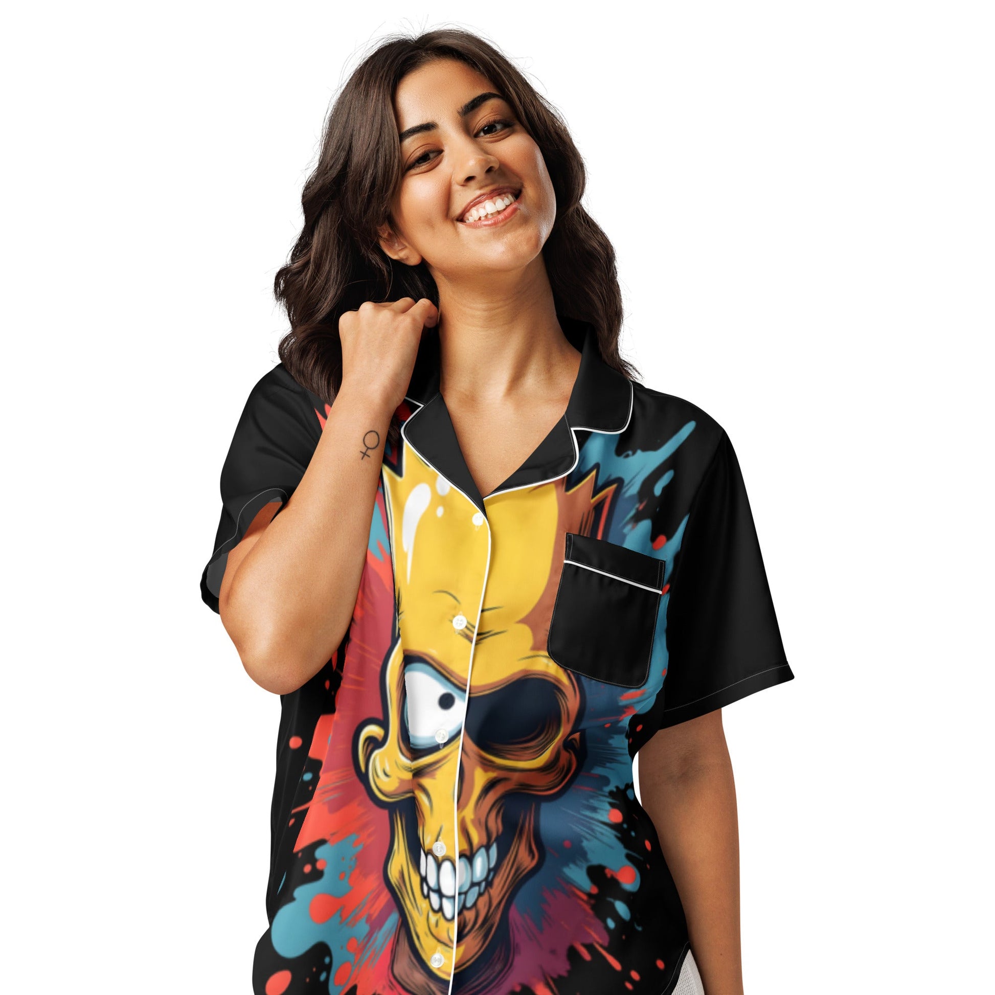 Skull Parody Cuban Shirt – Bold Graphic Button - Up | ccanvas - Short - Sleeve Cuban Collar Shirt | Ccanvas