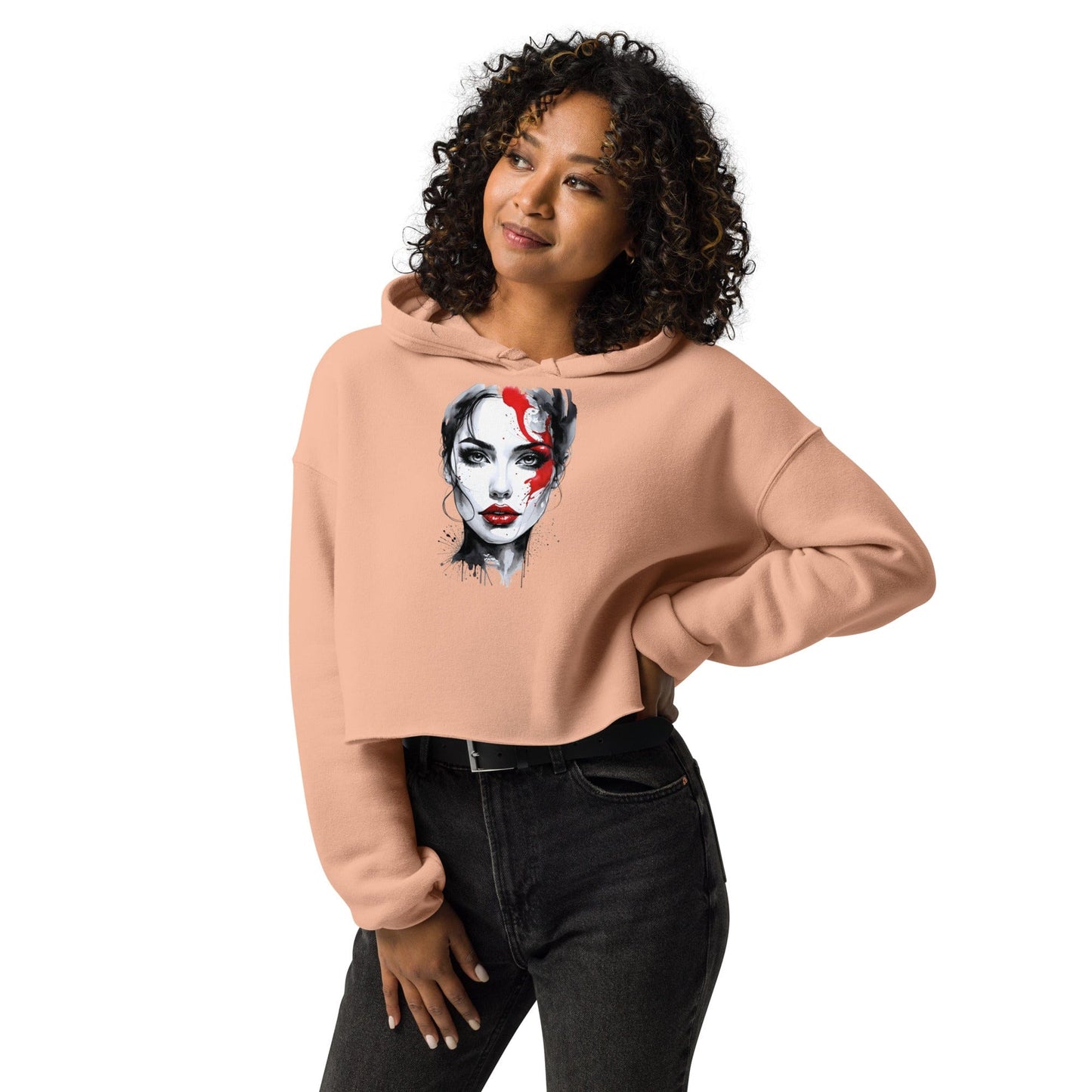 Red Streak Cropped Hoodie – Fierce Artistic Face Design | ccanvas - Cropped Hoodies | Ccanvas
