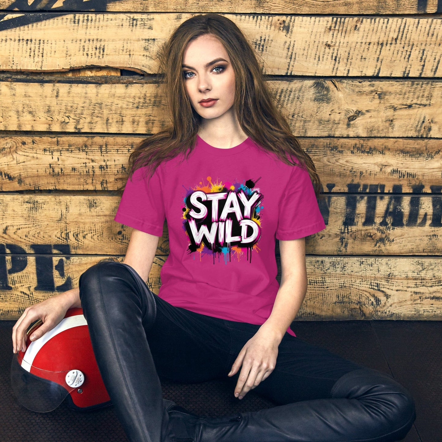 Woman wearing pink Stay Wild t-shirt with colorful graffiti splash design – ccanvas