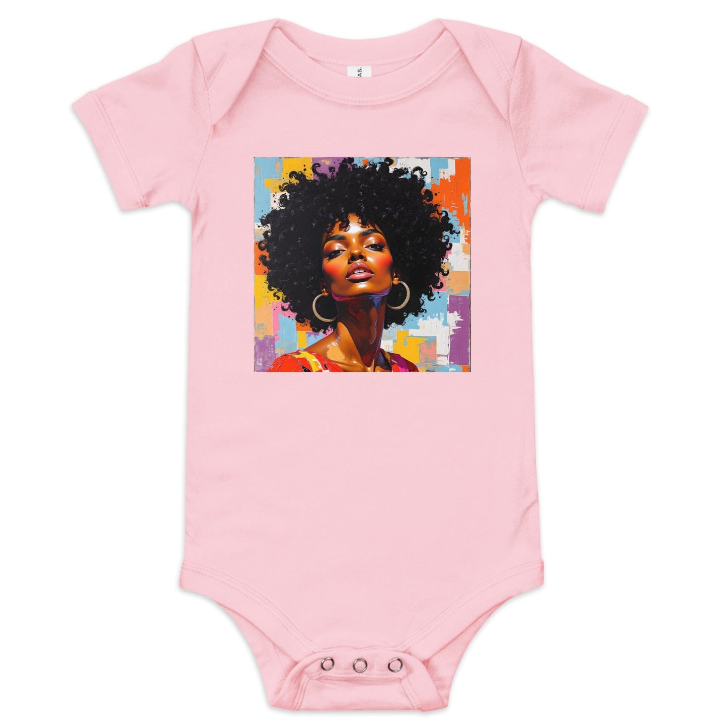 Pink Baby onesie with bold afro pop art portrait and colorful abstract background print