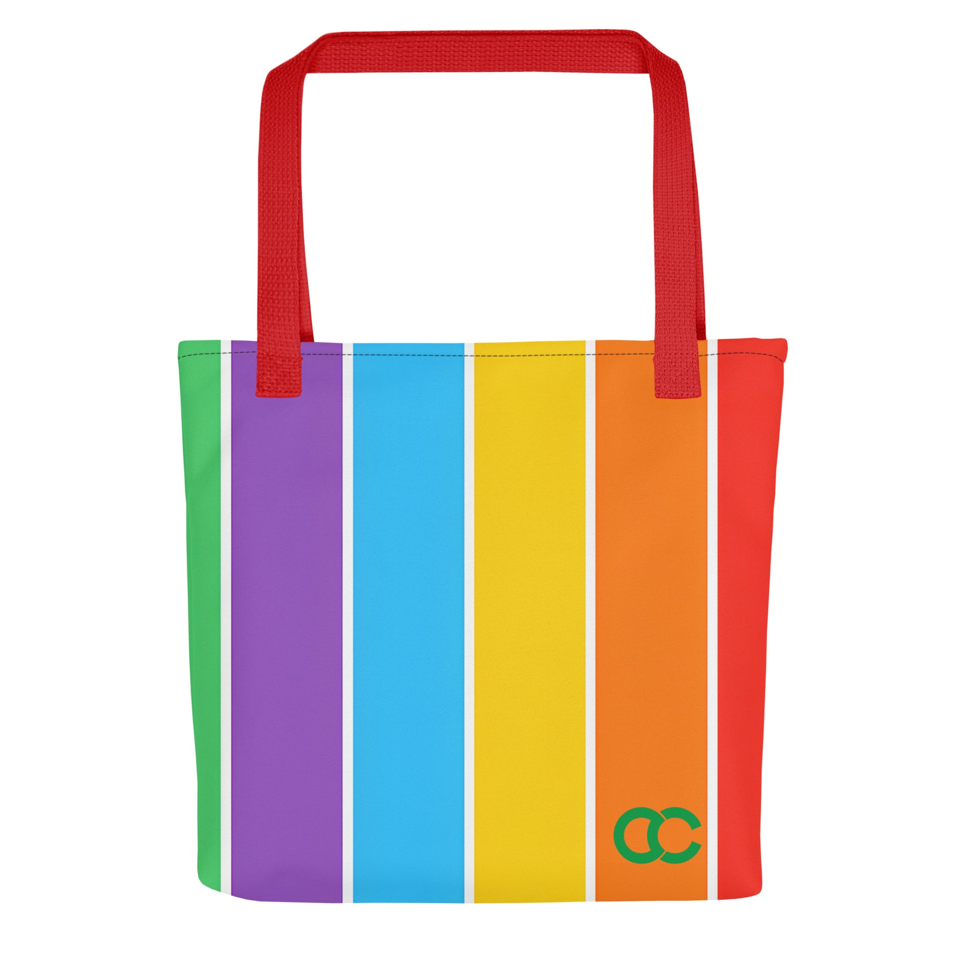 Vibrant rainbow vertical stripe tote bag with red handles and green CC logo on white heavyweight cotton canvas by CCANVAS.
