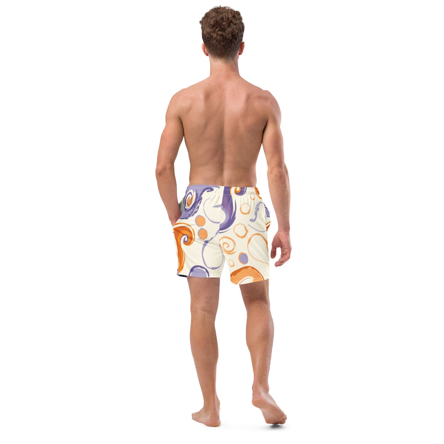 Rear view of men's Ethereal Flow swim shorts showing the reinforced construction and high-quality printed design by CCANVAS.
