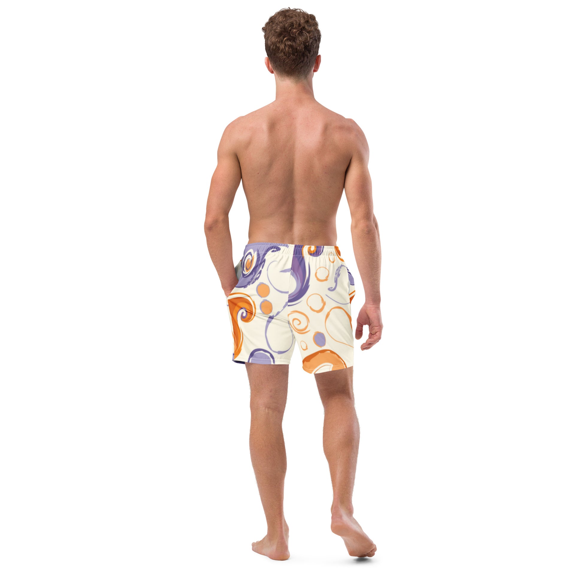 Rear view of men's Ethereal Flow swim shorts showing the reinforced construction and high-quality printed design by CCANVAS.
