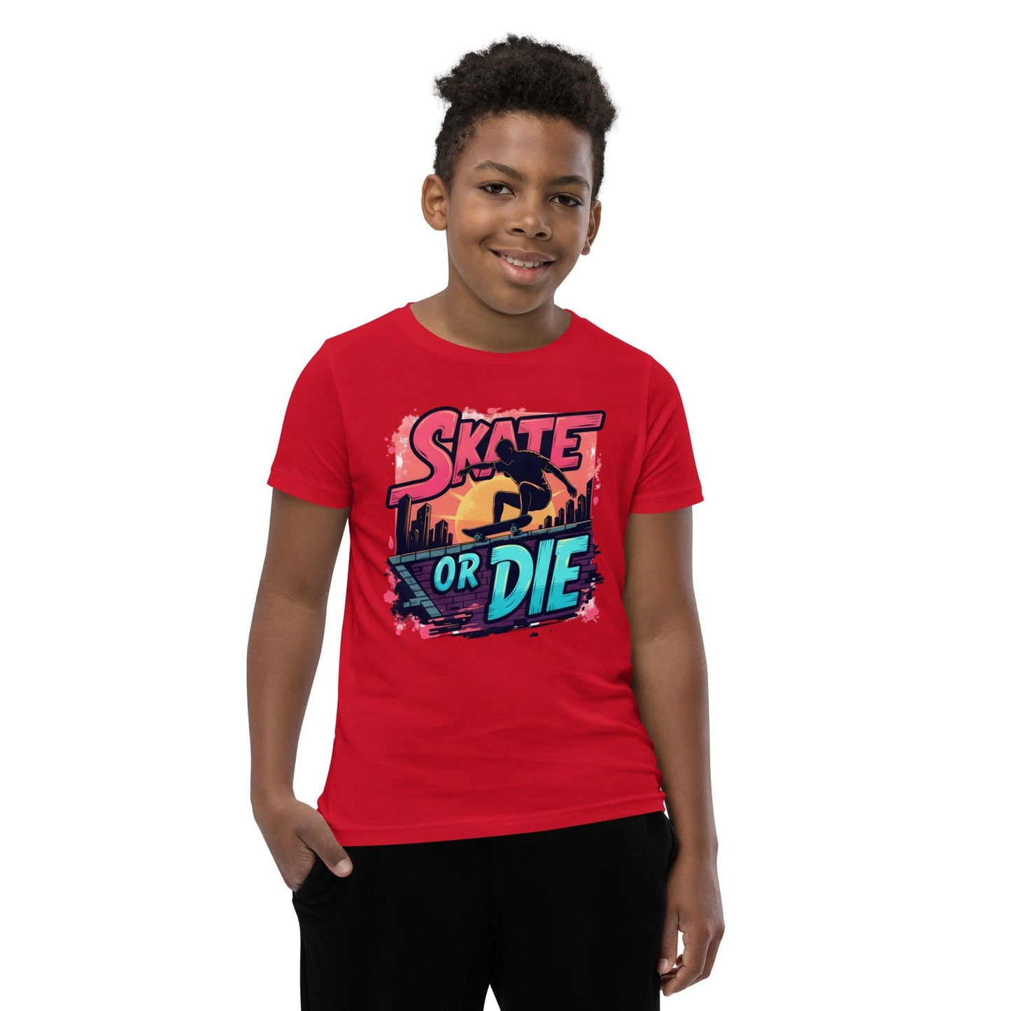 Boy wearing Skate or Die kids red T-shirt with comic-style skateboarding graphic – ccanvas