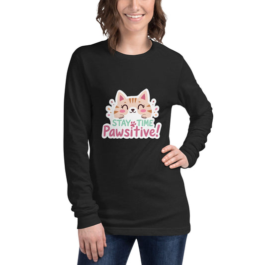 Stay Pawsitive Long - Sleeve Shirt - Cute Cat Lover Tee | ccanvas - T-Shirt | Ccanvas