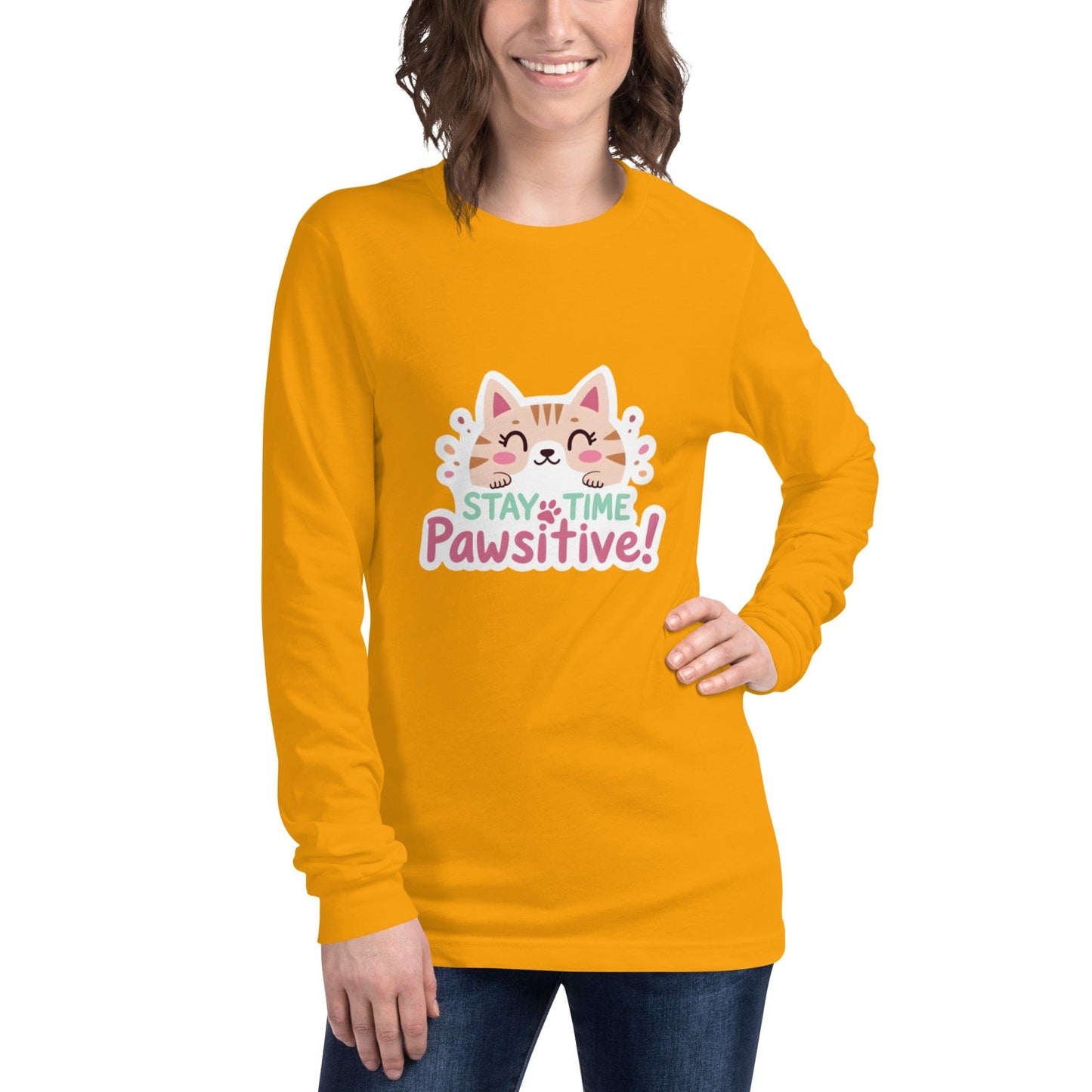 Stay Pawsitive Long - Sleeve Shirt - Cute Cat Lover Tee | ccanvas - T-Shirt | Ccanvas
