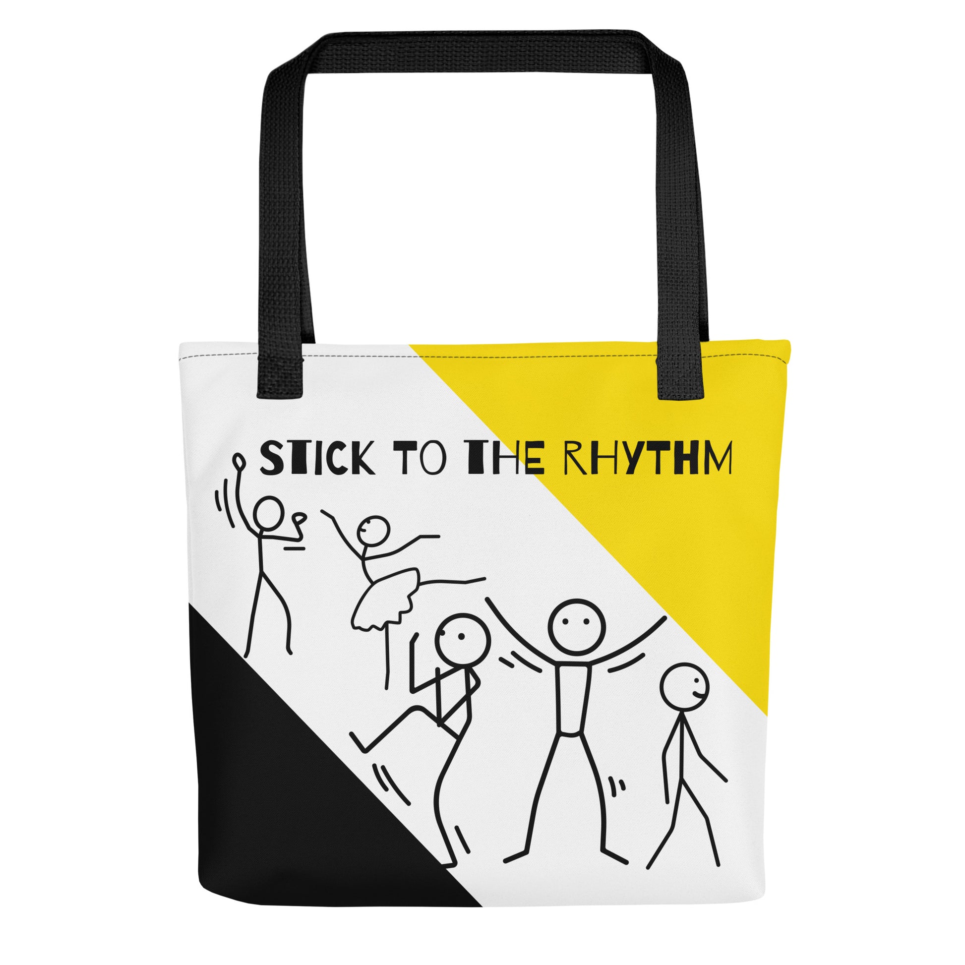 Artistic canvas tote with dancer line art and yellow geometry by CCANVAS.
