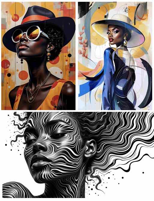 Three Afrocentric digital portraits of women in bold hats and patterns, including a monochrome abstract face design – ccanvas