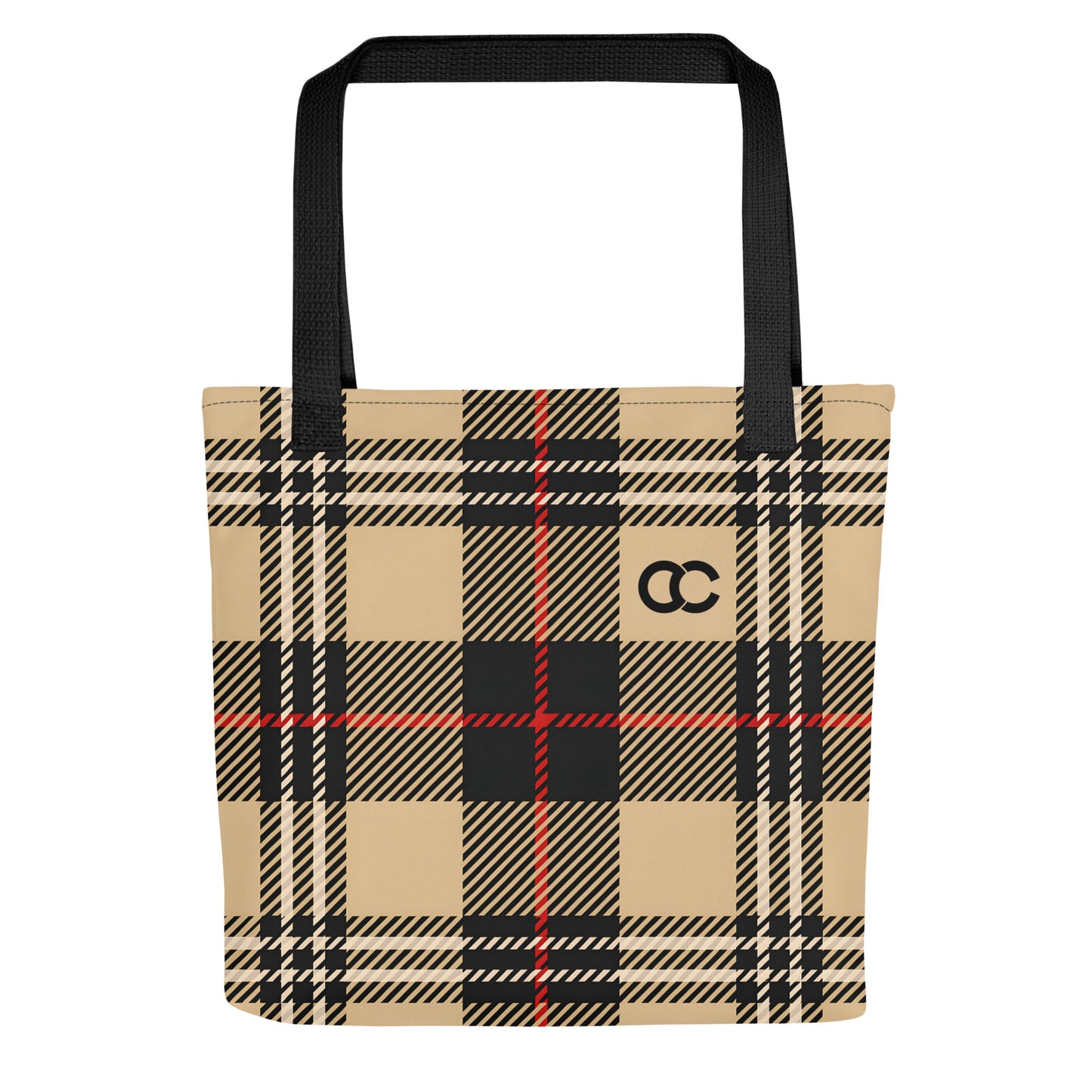 Classic beige and black plaid tartan tote bag with black handles and minimalist CC monogram on heavyweight cotton canvas by CCANVAS.
