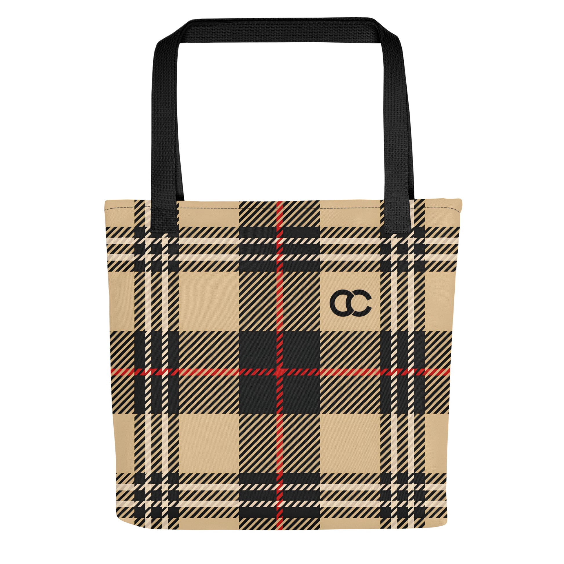 Classic beige and black plaid tartan tote bag with black handles and minimalist CC monogram on heavyweight cotton canvas by CCANVAS.
