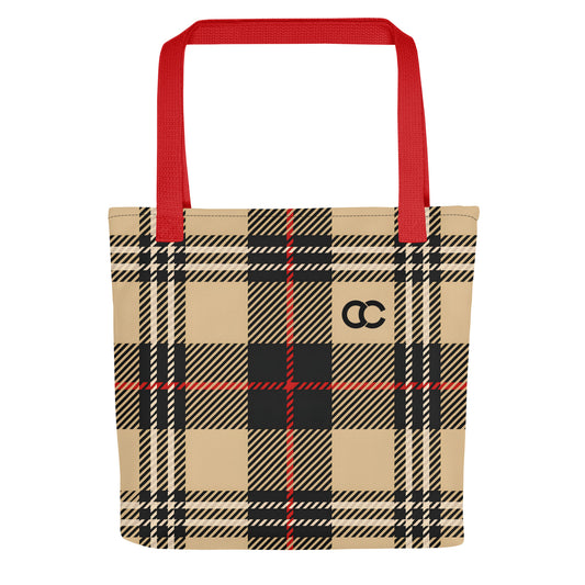 Classic beige and black plaid tartan tote bag with bold red handles and minimalist CC monogram on heavyweight cotton canvas by CCANVAS.

