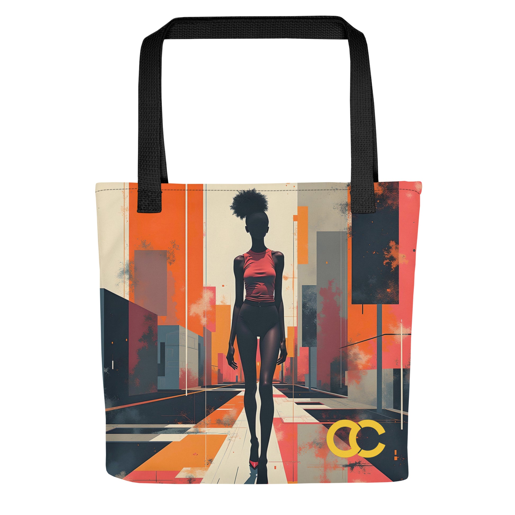 White tote bag with dark female silhouette walking through a colorful abstract city background and ccanvas logo