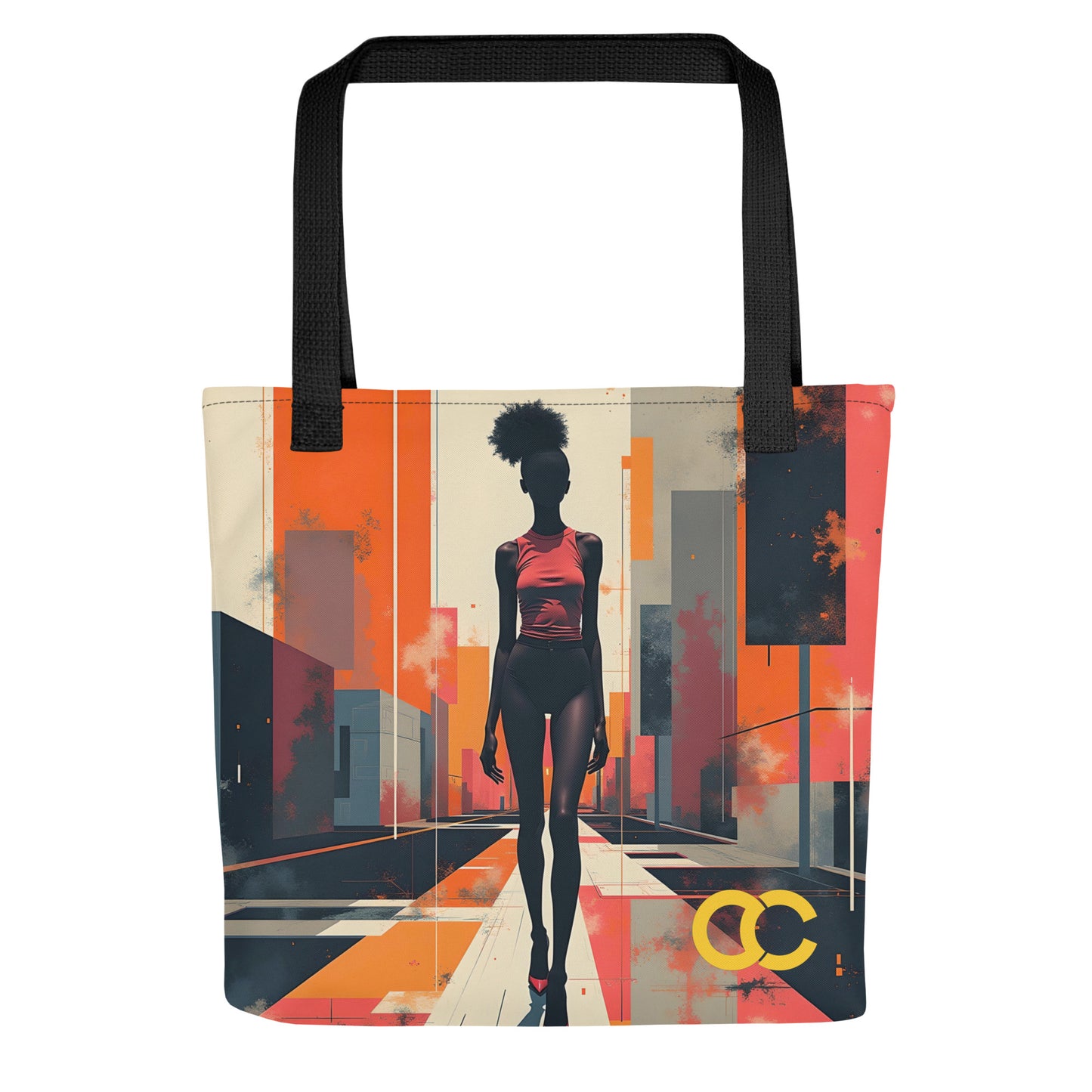 High-fashion woman silhouette walking through abstract orange city skyline on white heavyweight cotton canvas by CCANVAS.
