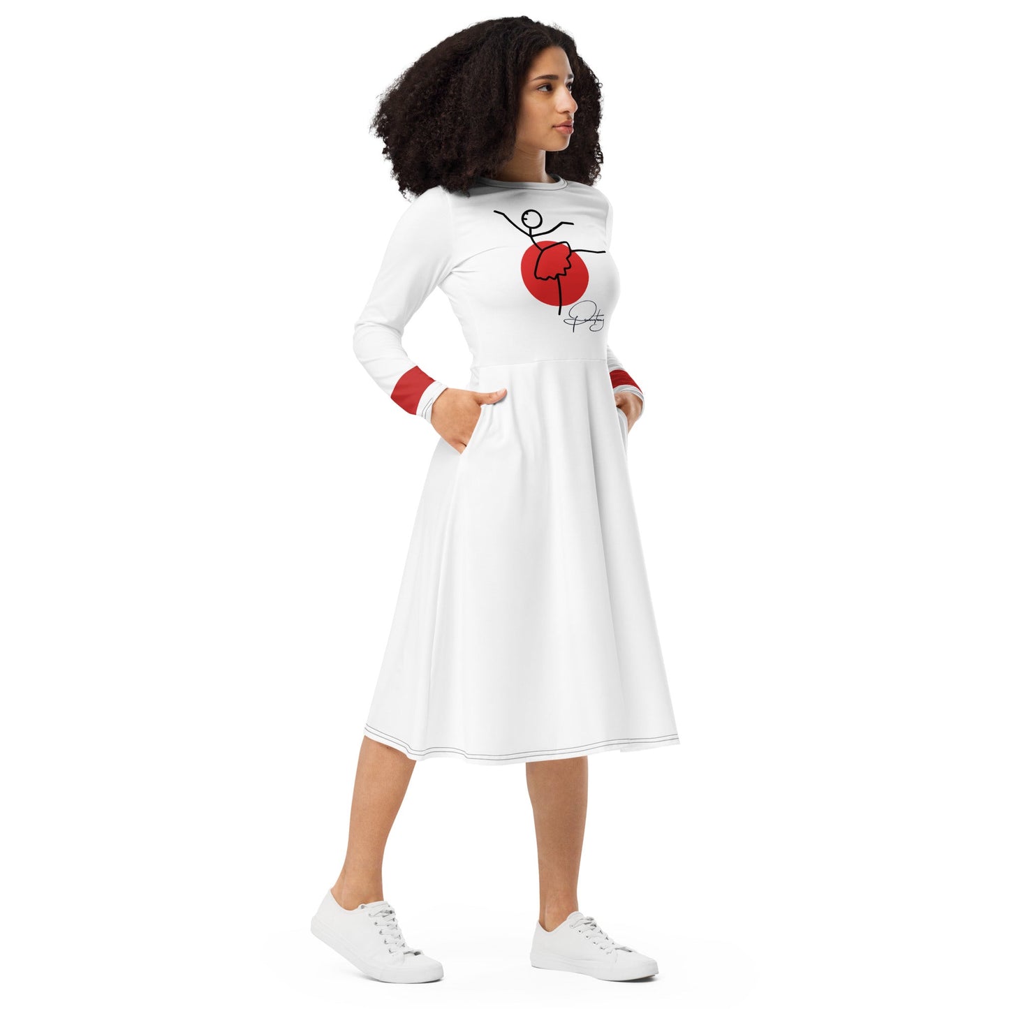Woman wearing white ballerina art dress with red minimalist design – ccanvas Vs 1 