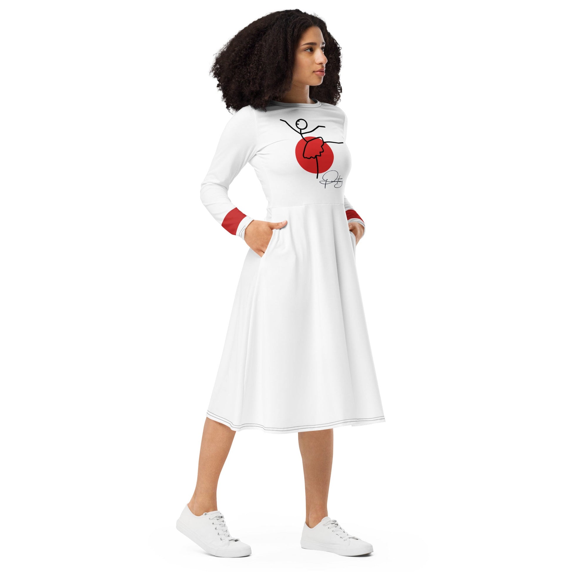 Woman wearing white ballerina art dress with red minimalist design – ccanvas Vs 1 