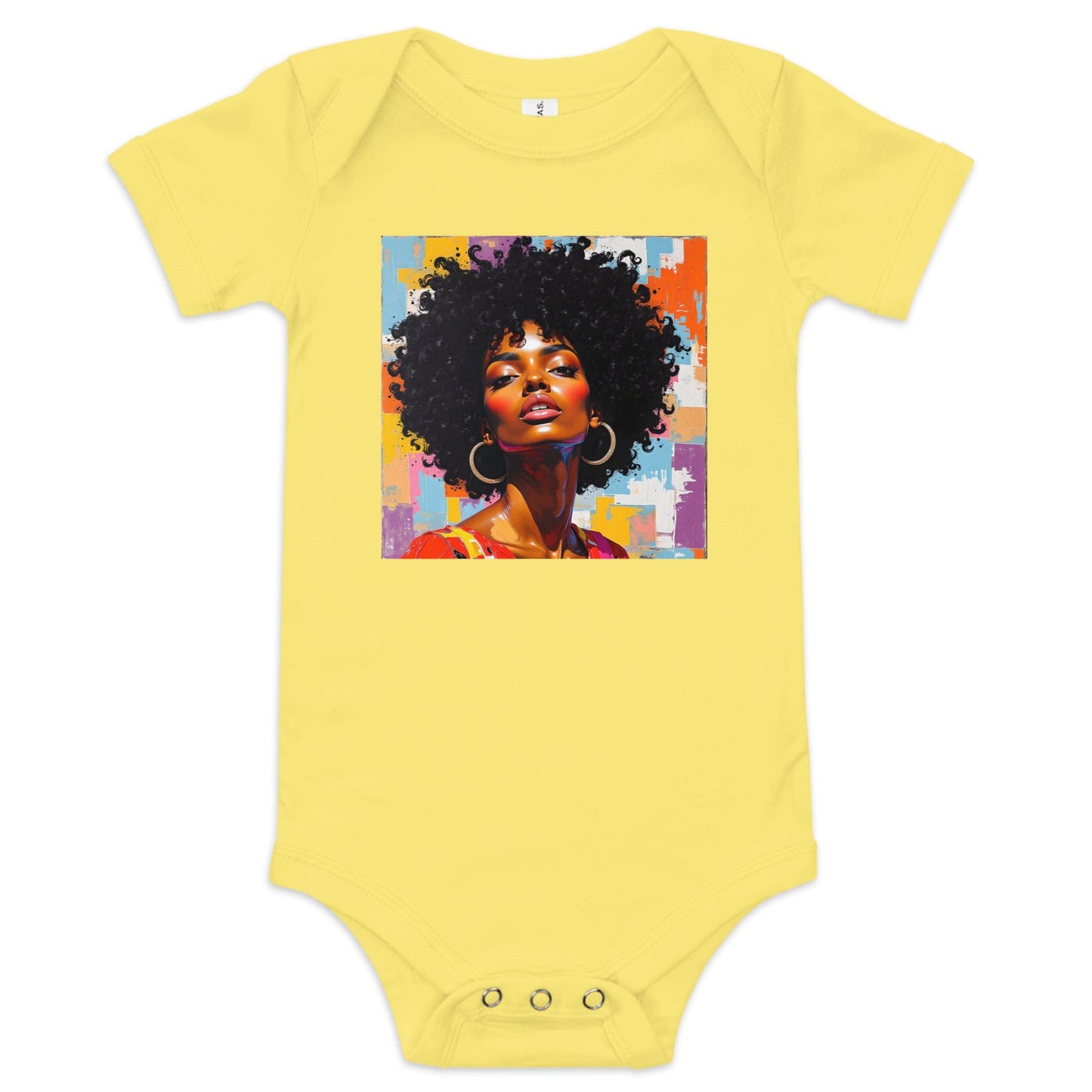 Yellow Baby onesie with bold afro pop art portrait and colorful abstract background print