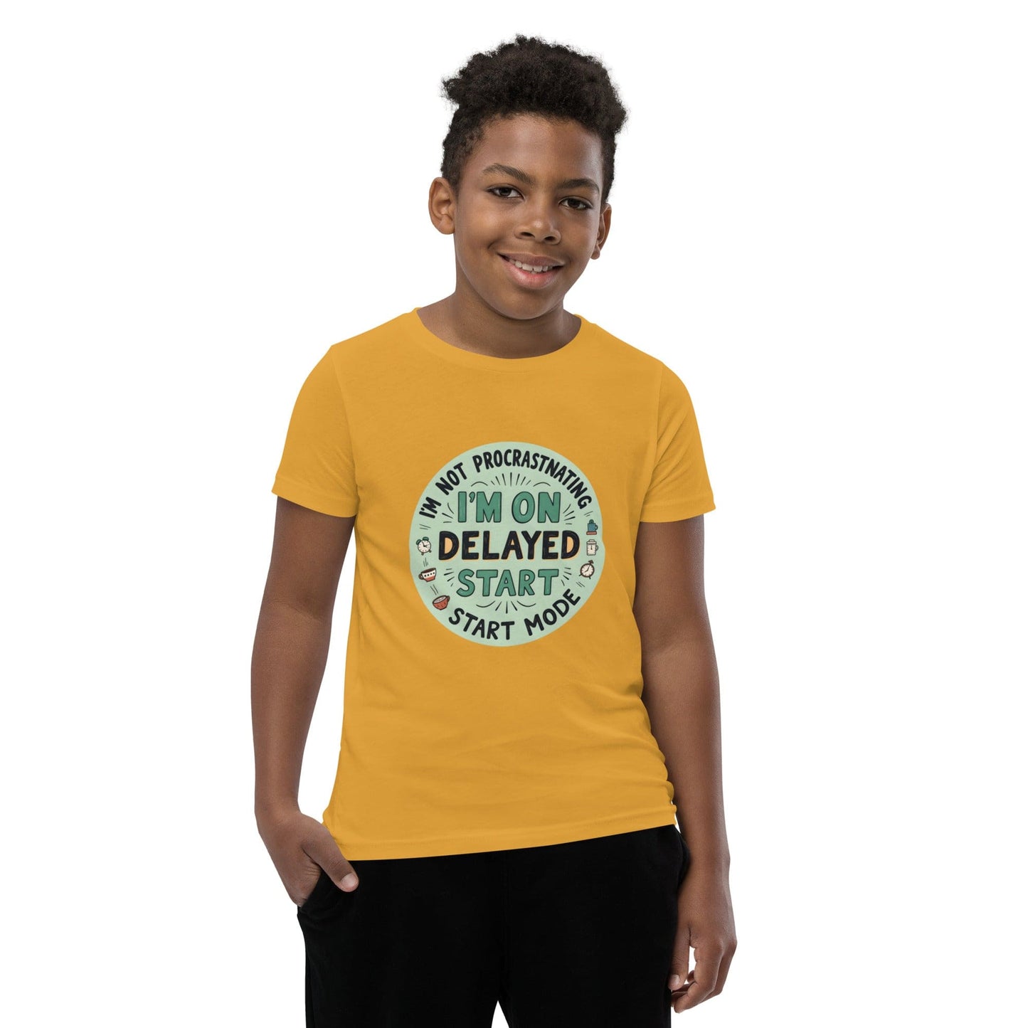 Child wearing  yellow T-shirt with “I’m on delayed start mode” funny quote in round colorful design – max impact print – ccanvas