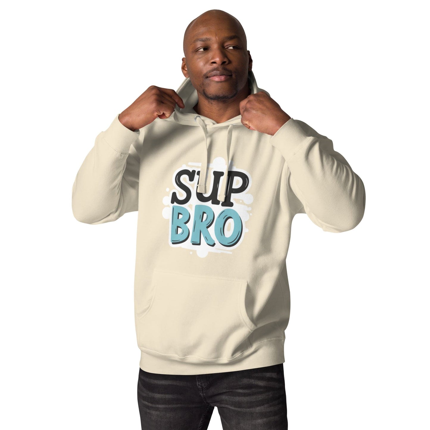 Man wearing yellow hoodie with bold “SUP BRO” comic-style text in teal and white ccanvas