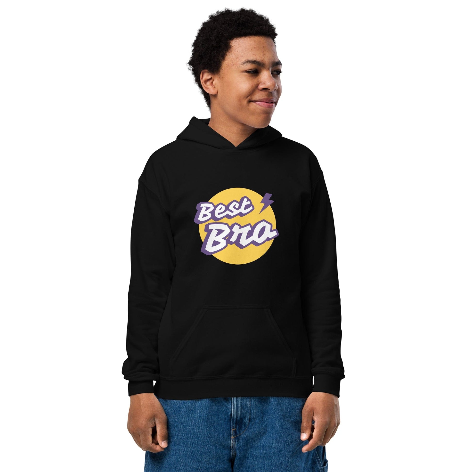 Teen wearing black hoodie with retro yellow circle and “Best Bro” slogan in purple and white at ccanvas