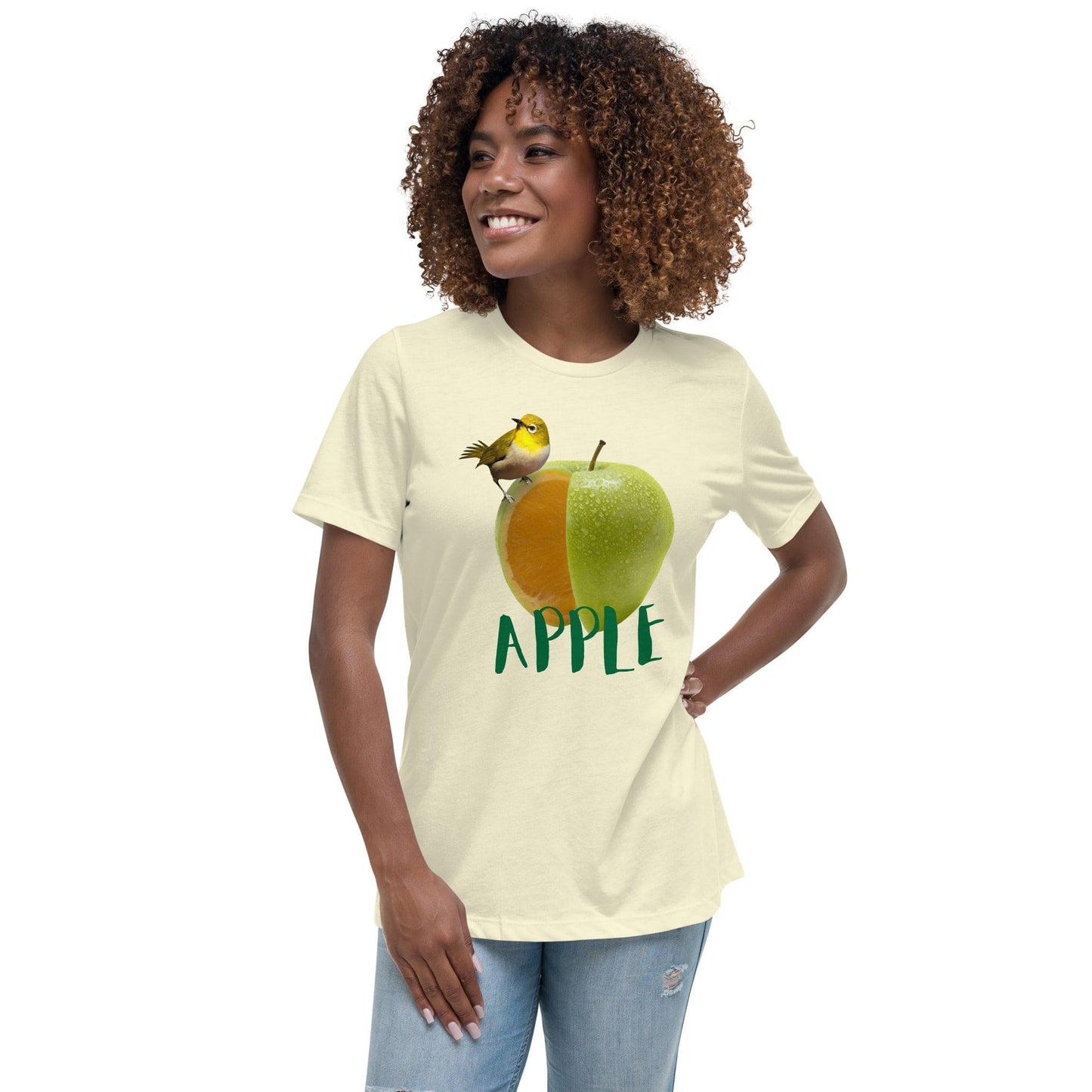 Chic Apple & Bird Graphic Women’s T-Shirt – Trendy Fruit Print Tee | ccanvas - Women’s Graphic T-Shirt | Ccanvas