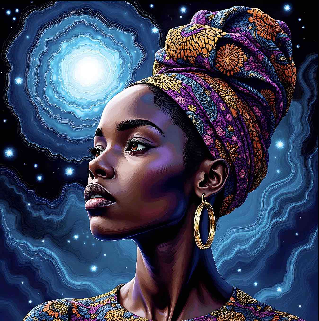 Celestial Majesty: African Woman with Cosmic Aura – Art Print (Download Only) | ccanvas - Digital Art Print | Ccanvas