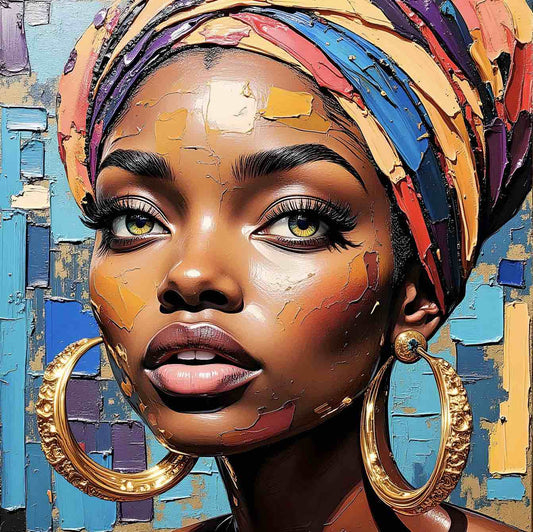 Downloadable Afro Woman Textured Portrait – Colorful Headwrap & Gold Hoops (Max 150x150cm) | ccanvas - Downloadable Digital Art | Ccanvas