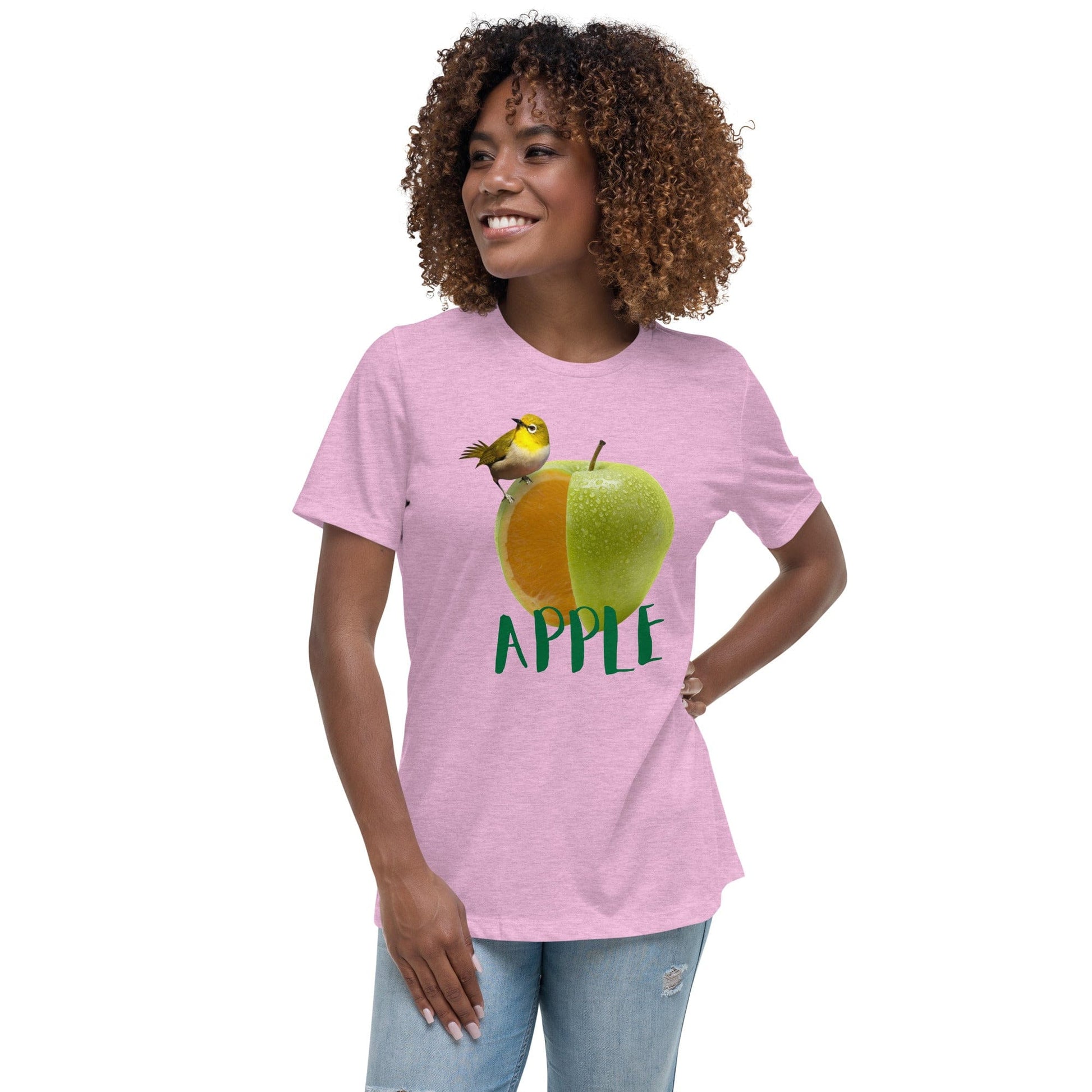 Chic Apple & Bird Graphic Women’s T-Shirt – Trendy Fruit Print Tee | ccanvas - Women’s Graphic T-Shirt | Ccanvas