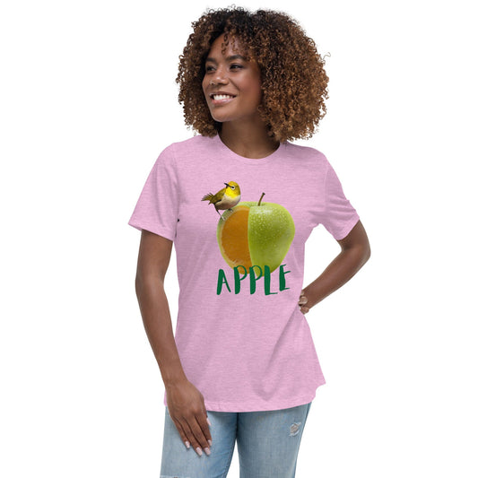 Chic Apple & Bird Graphic Women’s T-Shirt – Trendy Fruit Print Tee | ccanvas - Women’s Graphic T-Shirt | Ccanvas