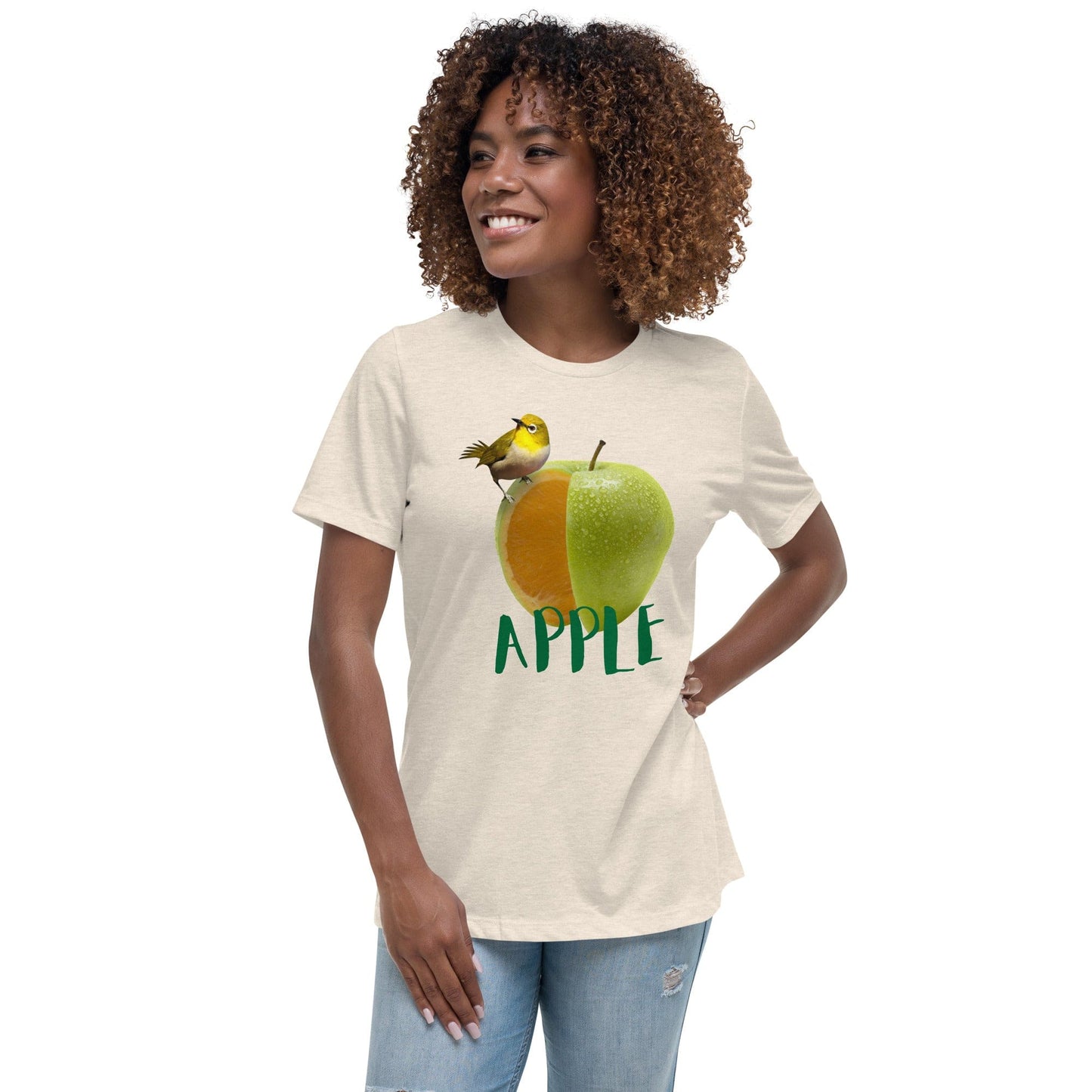 Chic Apple & Bird Graphic Women’s T-Shirt – Trendy Fruit Print Tee | ccanvas - Women’s Graphic T-Shirt | Ccanvas