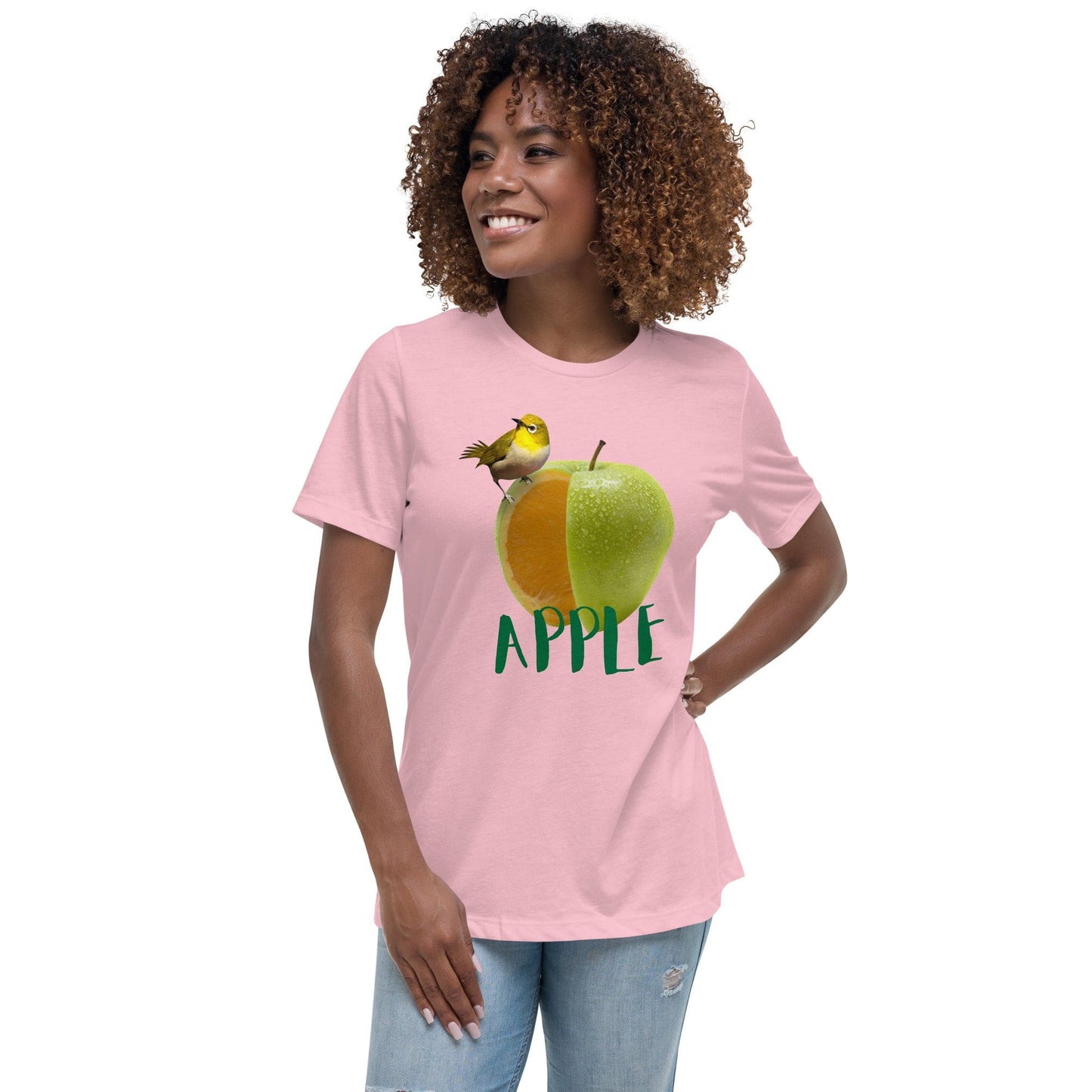 Chic Apple & Bird Graphic Women’s T-Shirt – Trendy Fruit Print Tee | ccanvas - Women’s Graphic T-Shirt | Ccanvas