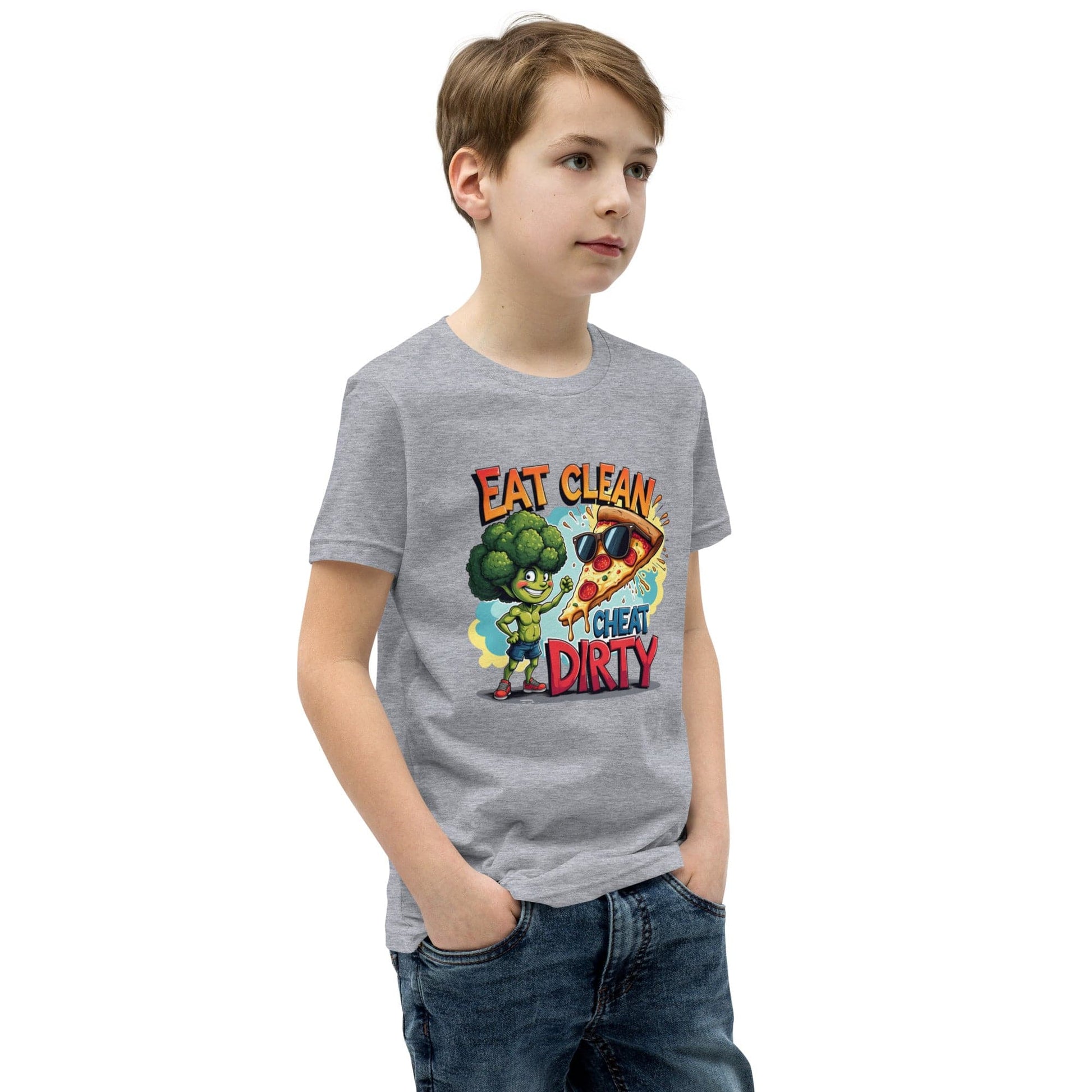 Eat Clean Cheat Dirty Kids T-Shirt – Funny Broccoli & Pizza Graphic Tee | ccanvas - Kids T-Shirts | Ccanvas