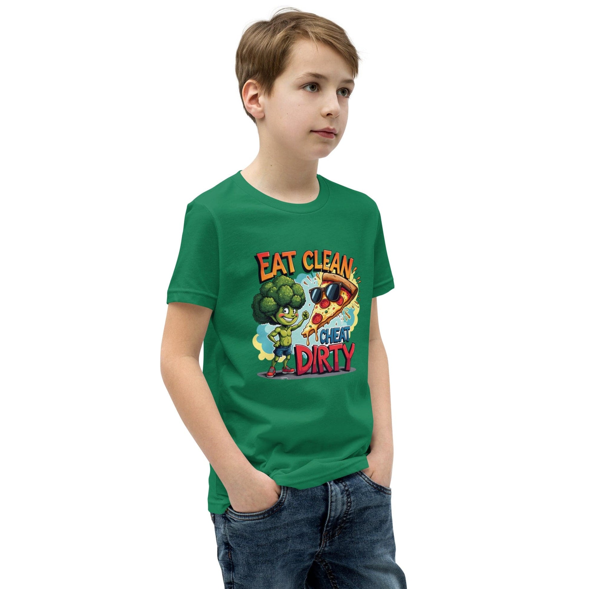 Eat Clean Cheat Dirty Kids T-Shirt – Funny Broccoli & Pizza Graphic Tee | ccanvas - Kids T-Shirts | Ccanvas