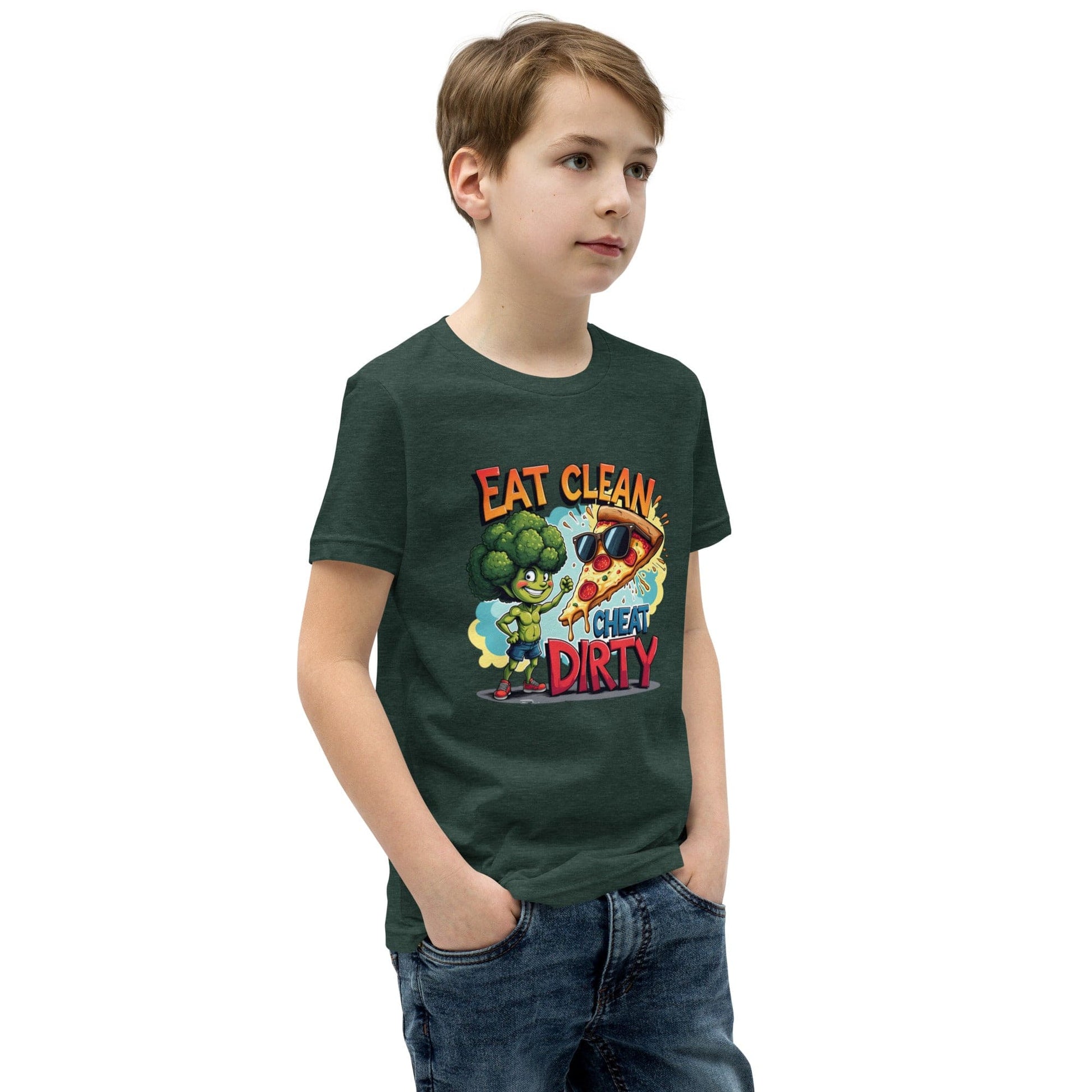 Eat Clean Cheat Dirty Kids T-Shirt – Funny Broccoli & Pizza Graphic Tee | ccanvas - Kids T-Shirts | Ccanvas
