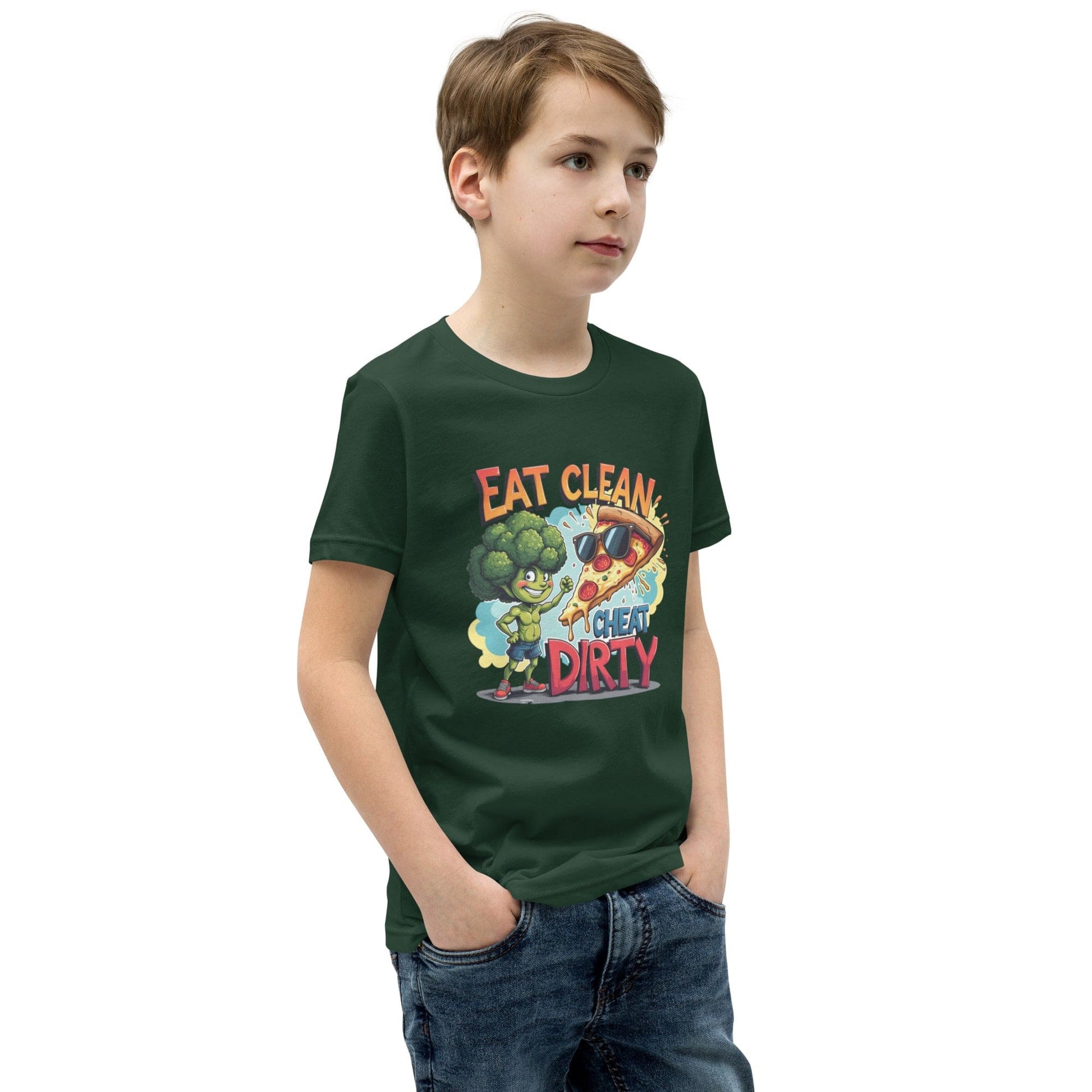 Eat Clean Cheat Dirty Kids T-Shirt – Funny Broccoli & Pizza Graphic Tee | ccanvas - Kids T-Shirts | Ccanvas
