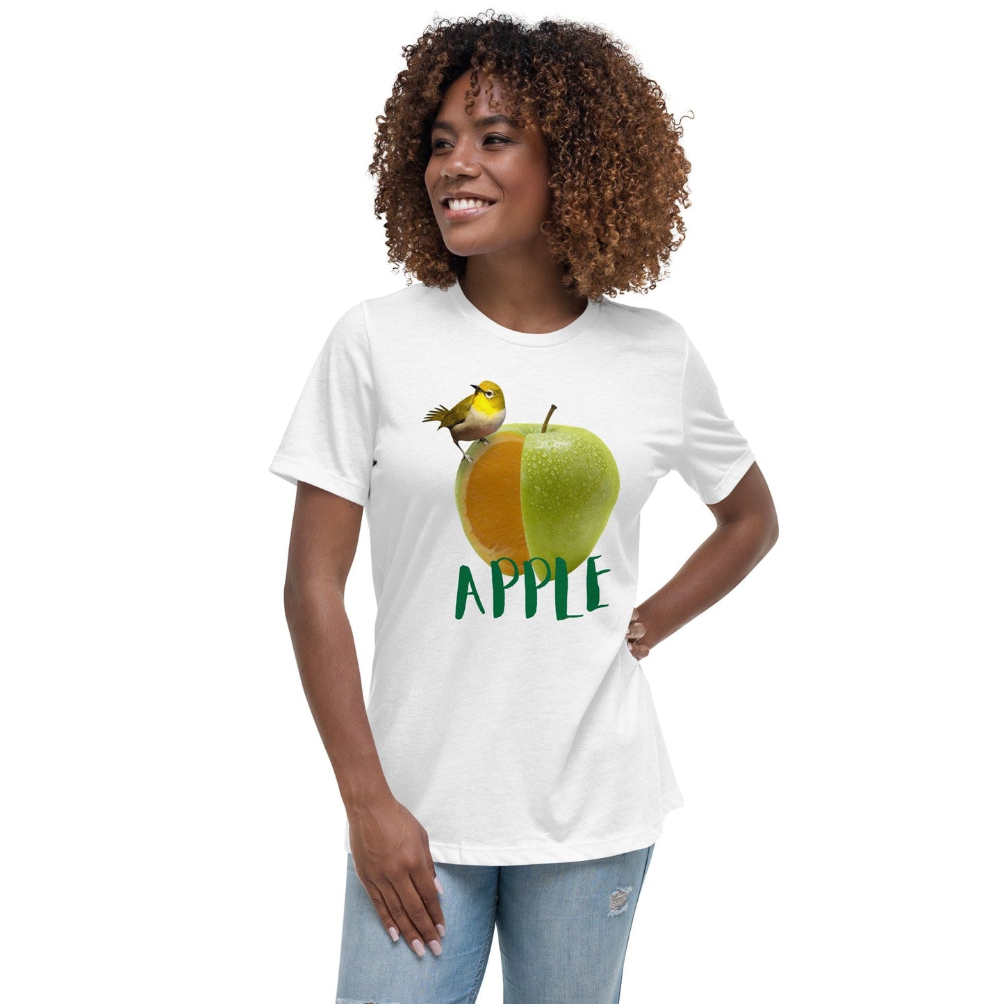 Chic Apple & Bird Graphic Women’s T-Shirt – Trendy Fruit Print Tee | ccanvas - Women’s Graphic T-Shirt | Ccanvas