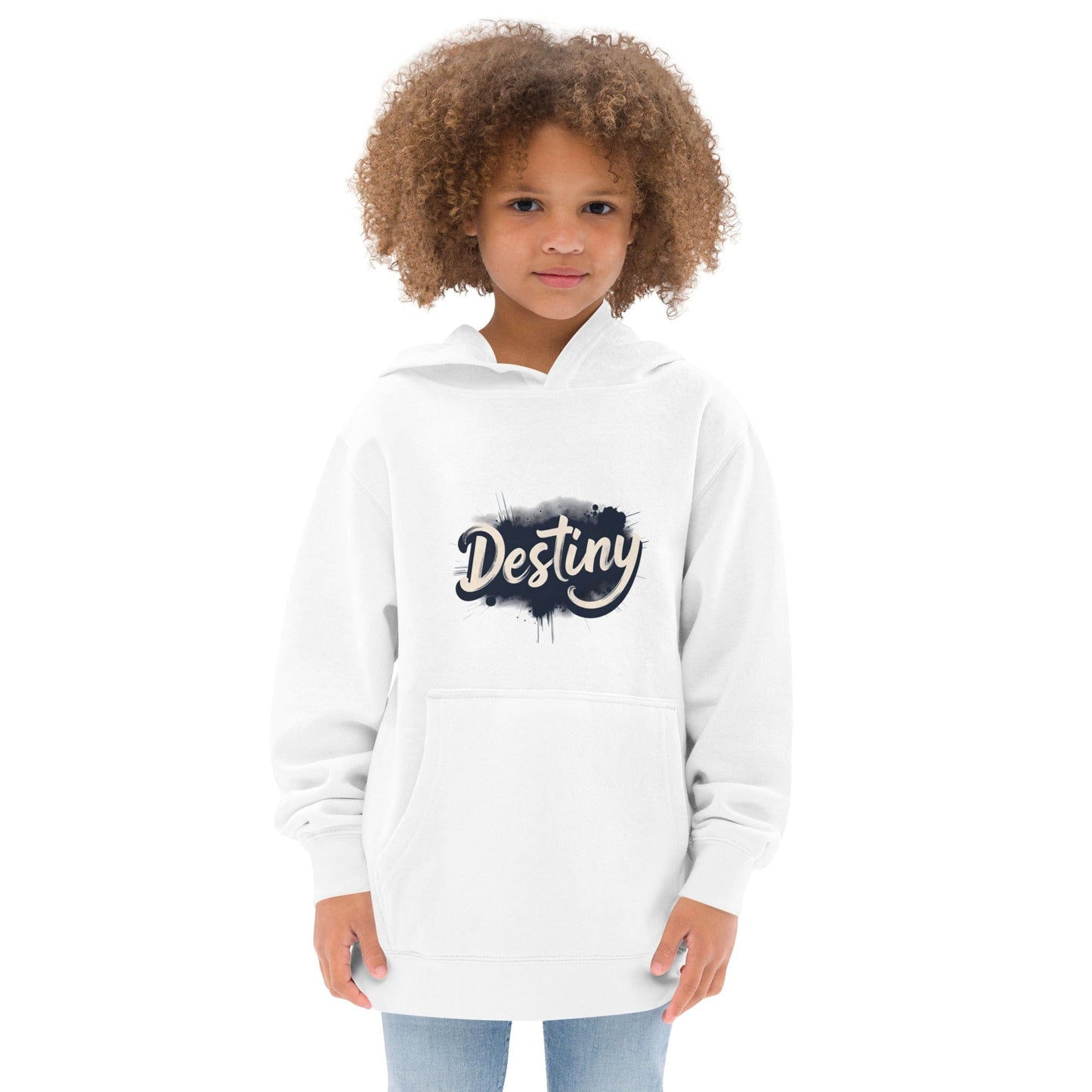 Child wearing Off white hoodie with brush-style “Destiny” name design in bold black ink splash print ccanvas