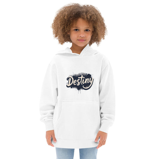 Child wearing Off white hoodie with brush-style “Destiny” name design in bold black ink splash print ccanvas