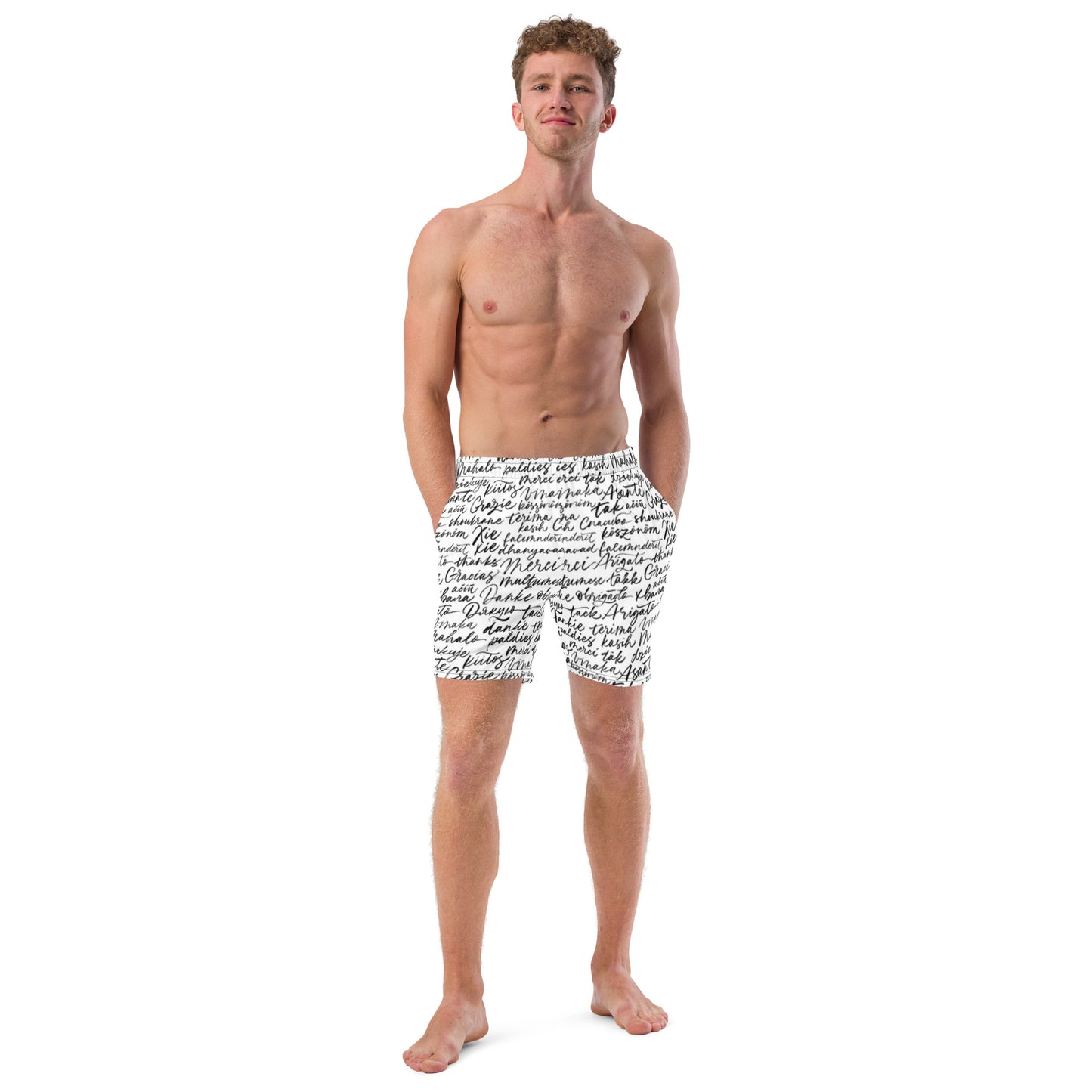 Front view of men's Electric Pulse swim shorts featuring an electric teal geometric chevron pattern and athletic fit by CCANVAS.

