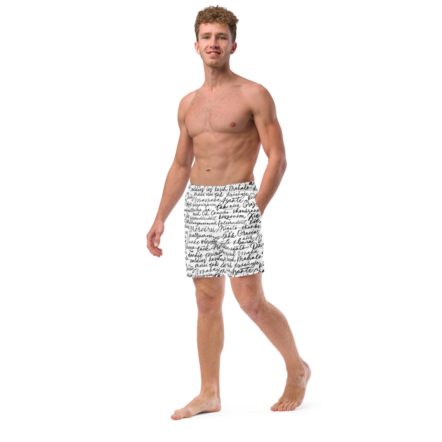 Detail view of Electric Pulse swim shorts showing the high-definition geometric print and chlorine-resistant fabric by CCANVAS.
