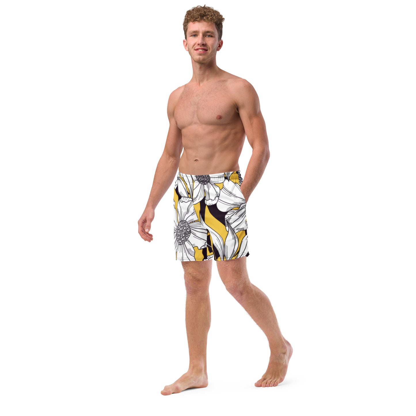 Angled view of men's Ethereal Bloom swim shorts showing the high-quality fade-resistant fabric and vibrant art by CCANVAS.
