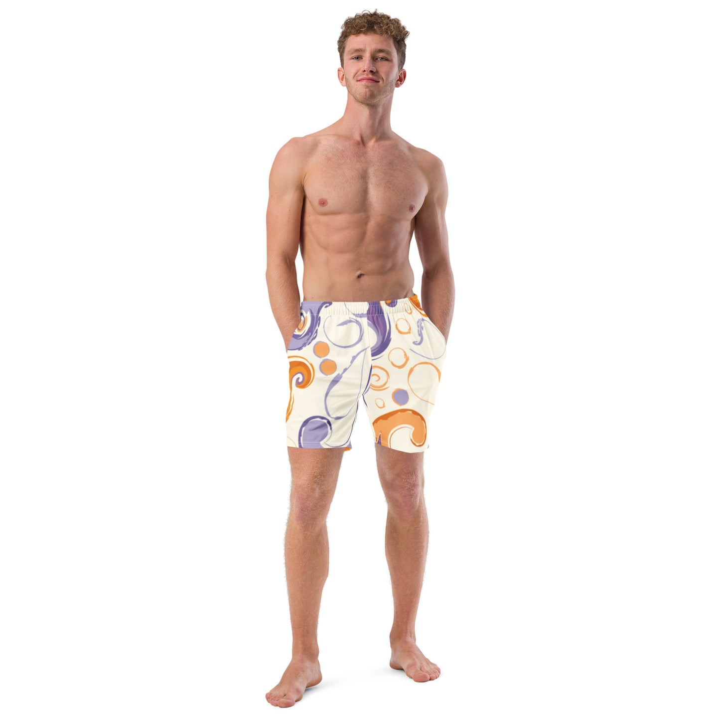 Front view of men's Ethereal Flow swim shorts featuring a unique lavender abstract swirl art print and tailored fit by CCANVAS.
