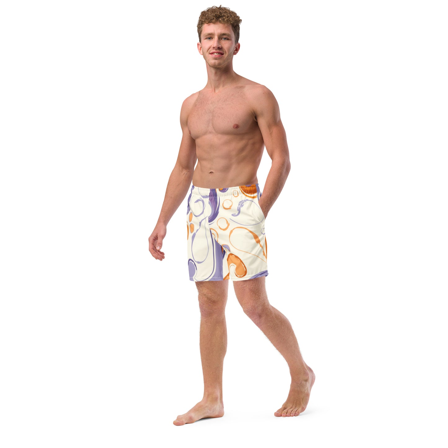 Angled view of men's Ethereal Flow performance swim shorts showing the vibrant lavender and ochre swirl patterns by CCANVAS.
