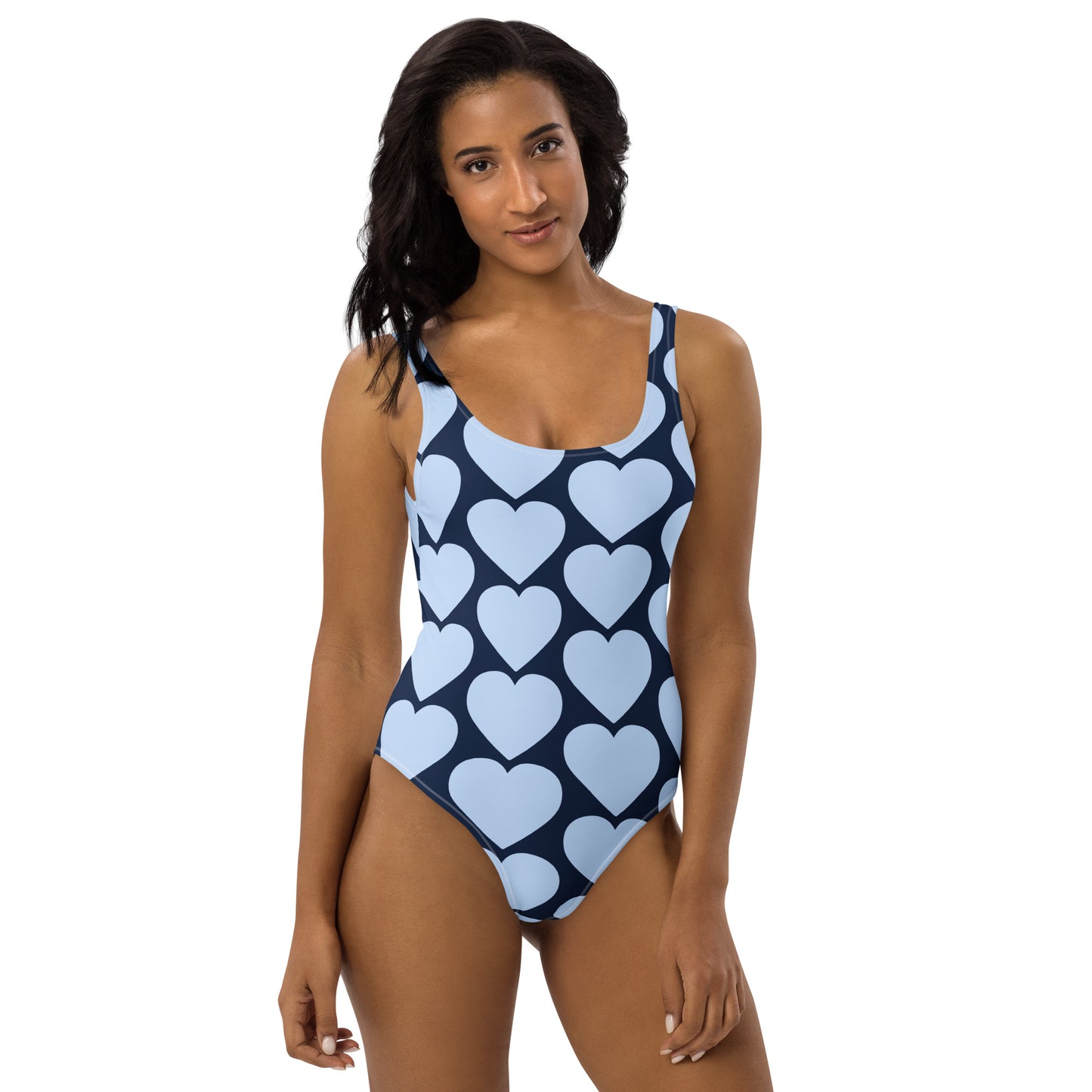 Front view of Midnight Noir one-piece swimsuit with scoop neckline and urban heart graphic art by CCANVAS.
