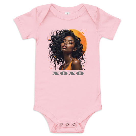 Pink baby onesie with crowned cat illustration and oversized sunglasses in playful royal style ccanvas