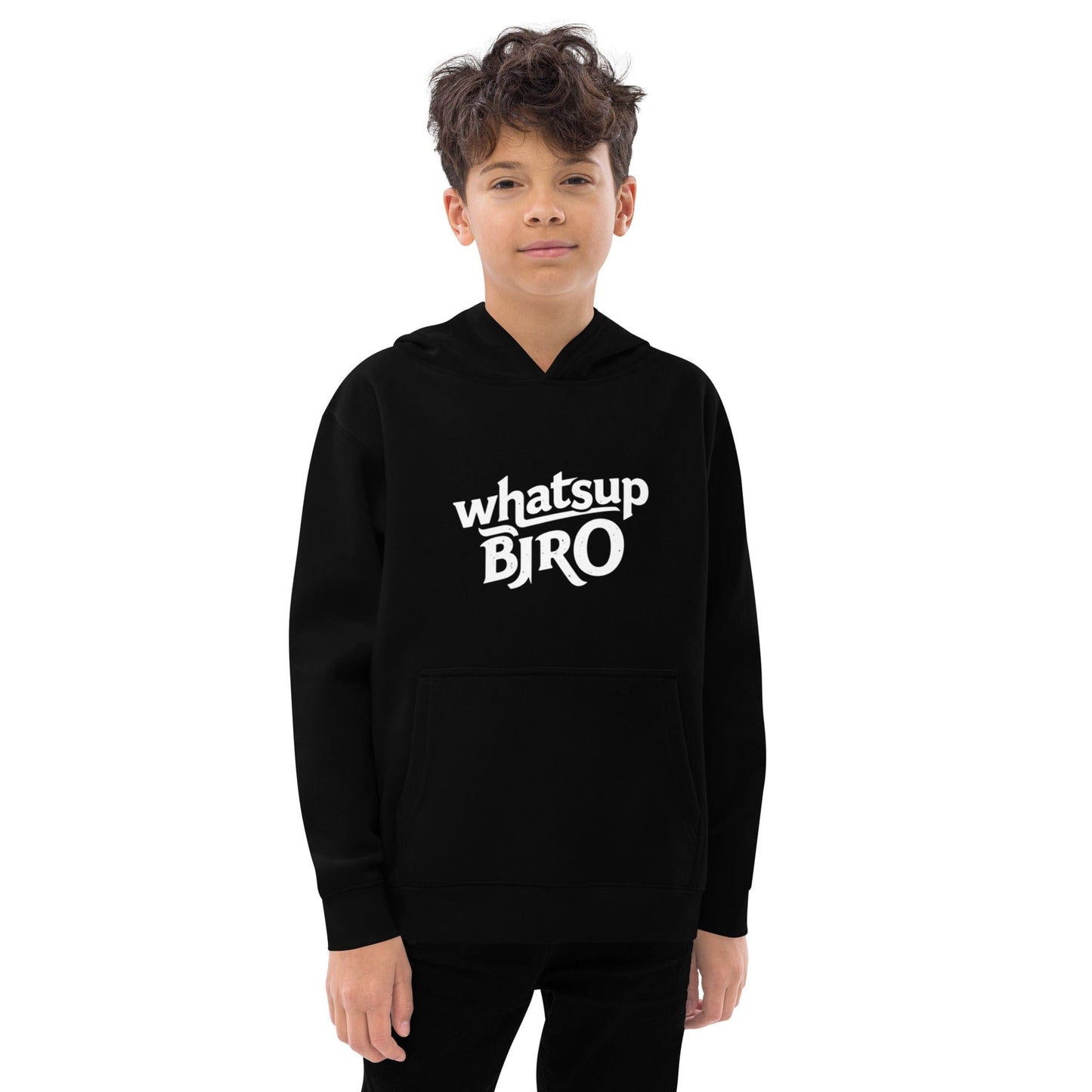 Kid wearing black hoodie with simple white “whatsup BRO” slogan in bold font ccanvas