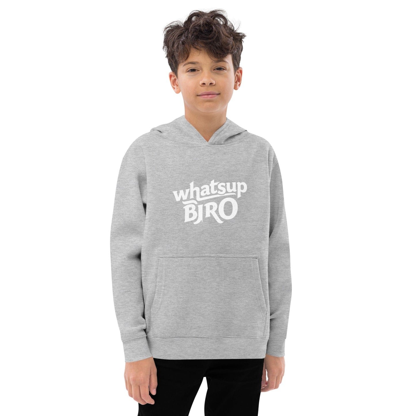 Kid wearing grey hoodie with simple white “whatsup BRO” slogan in bold font ccanvas