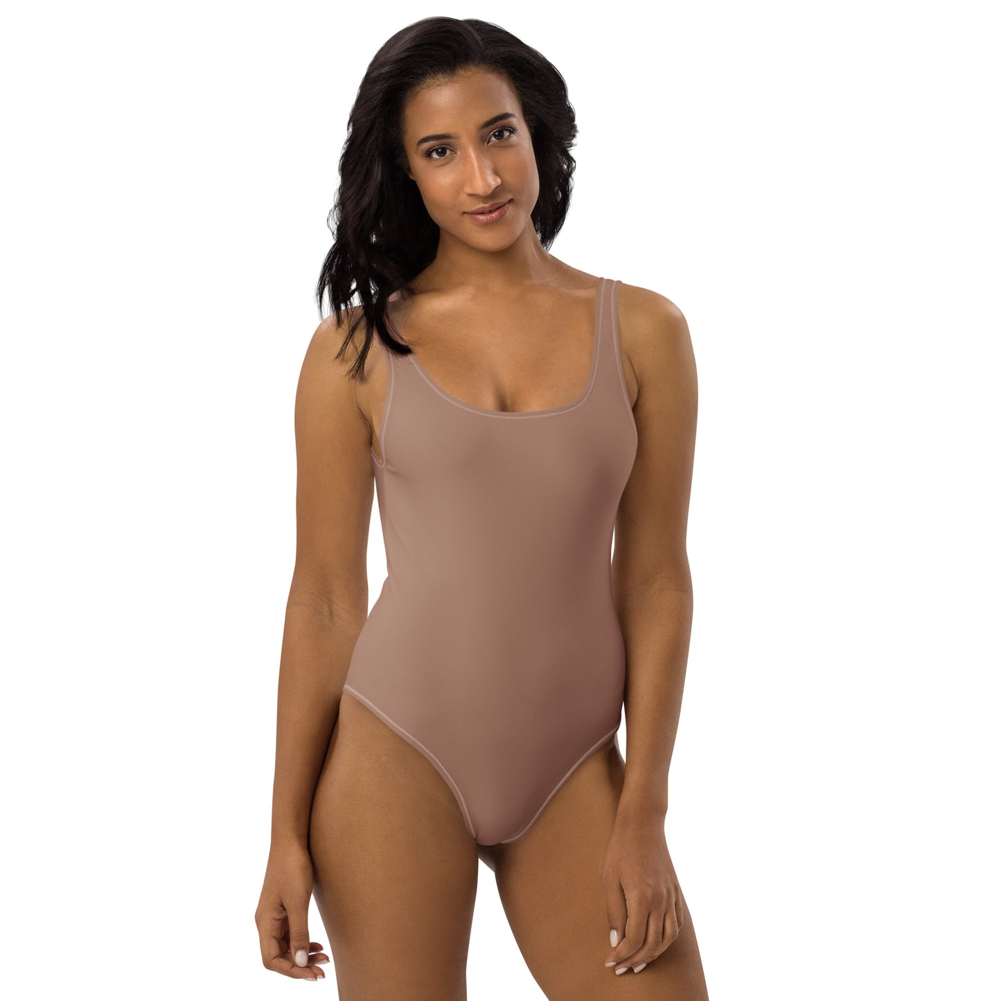 Front view of women's Slate Taupe one-piece swimsuit in a minimalist neutral earth tone with a scoop neckline by CCANVAS.
