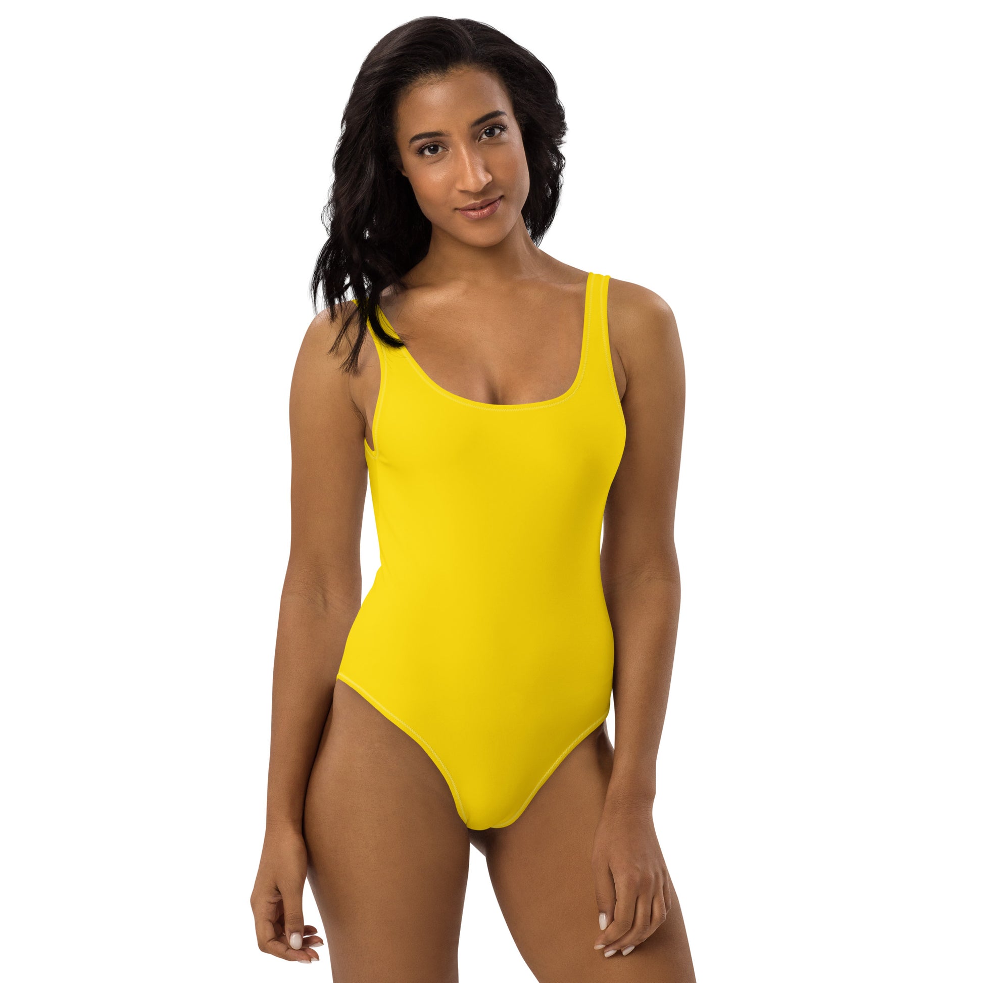Front view of women's Solstice Yellow one-piece swimsuit in brilliant sun-drenched yellow featuring a scoop neckline by CCANVAS.
